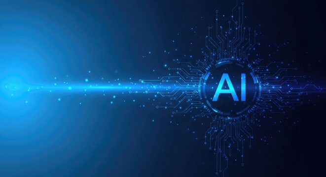 Artificial intelligence concept with glowing blue light and pixelated background