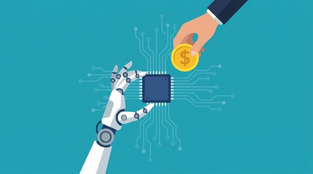 Robot hand holding computer chip with human hand offering coin, representing AI investment and technology