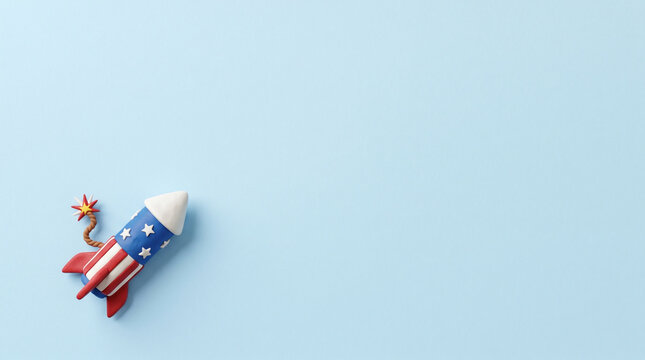 Clay model patriotic firework rocket isolated on light blue background for fourth of july celebration