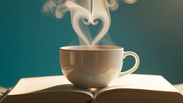 Heart-shaped steam rising from a cup of coffee atop an open book against a teal background, relaxation and reading concept