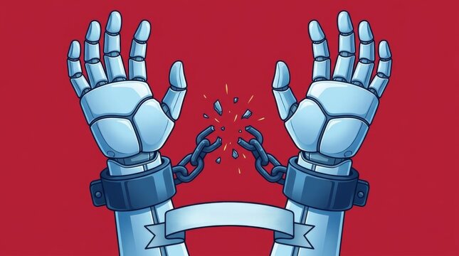 Futuristic robot hands breaking free from metallic chains on a vibrant red background