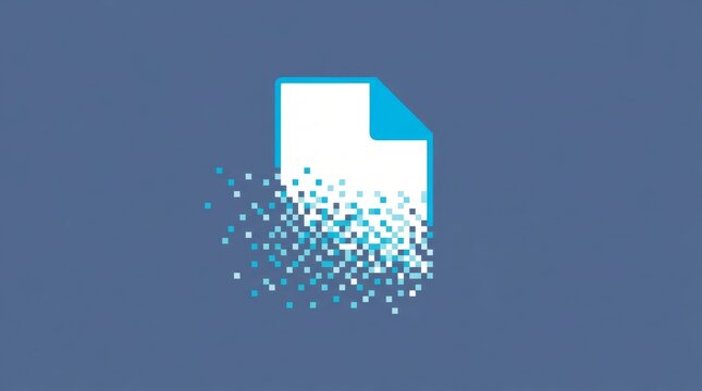 Digital document dissolving into pixels on blue background representing data loss