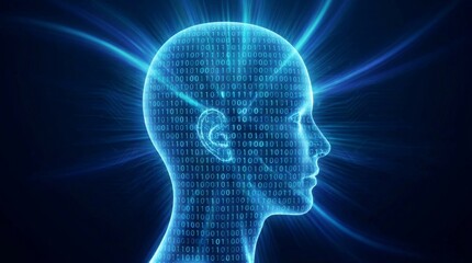 Obraz premium Digital Human Head Silhouette with Binary Code and Glowing Blue Energy Rays