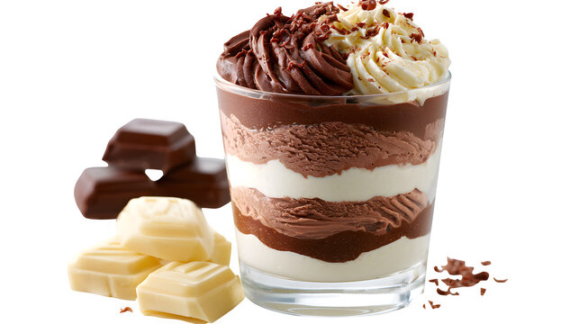 Layered chocolate and vanilla dessert parfait with whipped cream isolated on transparent background