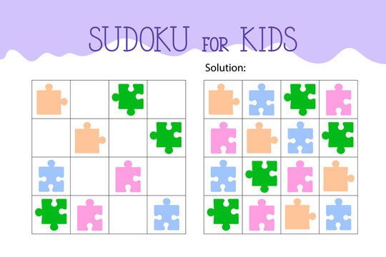 Colorful sudoku puzzle game for kids, educational logic worksheet for children featuring bright jigsaw puzzle pieces inside grid for brain development, learning, and creative thinking