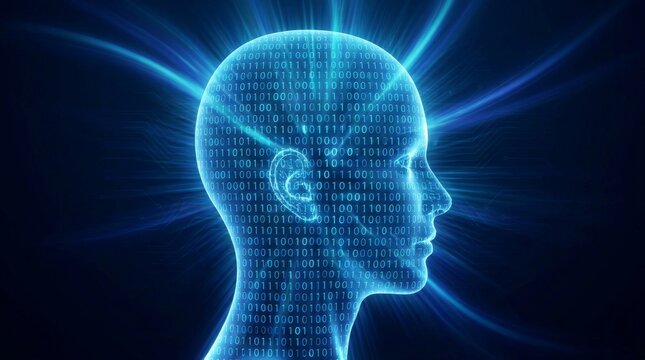 Digital Human Head Silhouette with Binary Code and Glowing Blue Energy Rays
