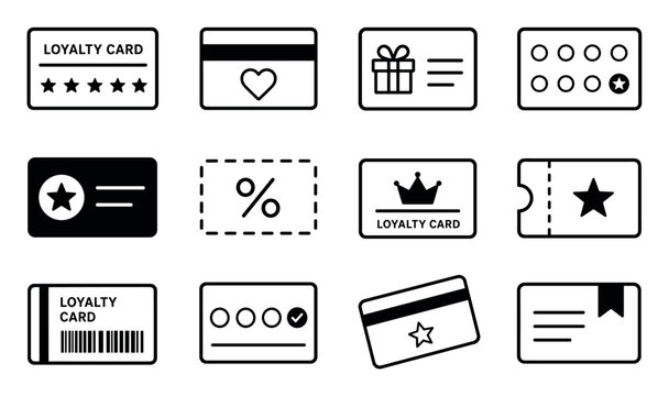 Loyalty card and reward program icon set featuring various designs for customer retention, gift vouchers, discount coupons, and membership benefits in a clean line art style