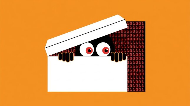 Curious creature peeking out of a box filled with binary code