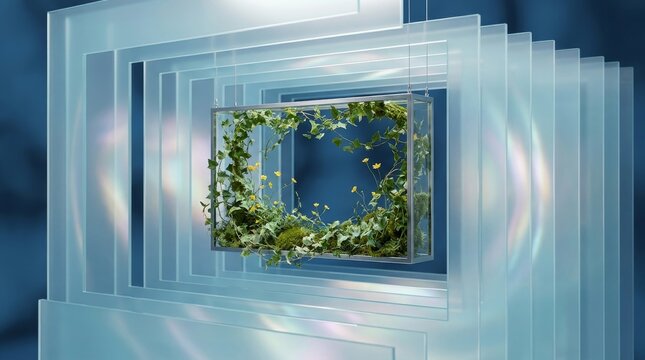 Hanging Terrarium with Greenery and Yellow Flowers in Abstract Frosted Frame