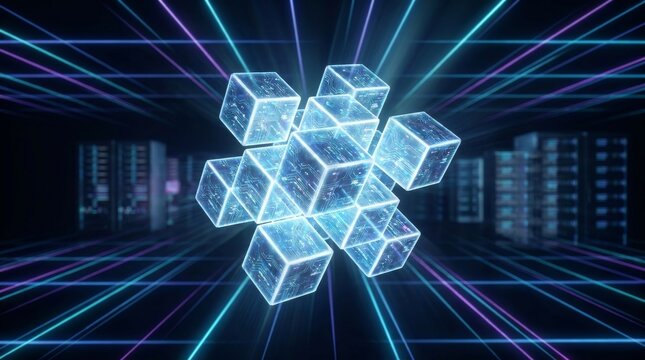 Digital data cubes processing information in a futuristic server room network environment