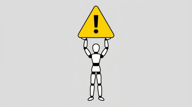 Mannequin figure holding a yellow warning sign symbolizing alert attention or caution