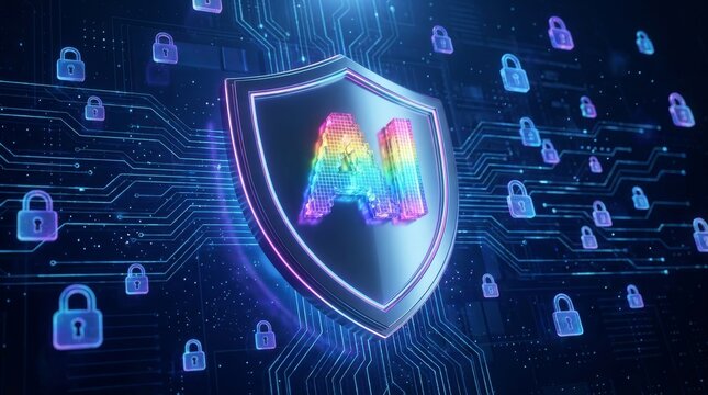 AI cybersecurity shield on digital circuit board with lock icons for data protection