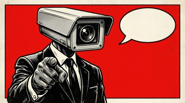 Surveillance camera headed man pointing finger with blank speech bubble, pop art style