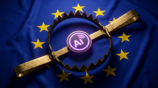 Artificial Intelligence symbol caught in a golden trap on EU flag representing regulation