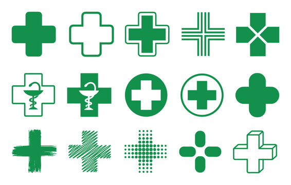 Green medical cross icons set for pharmacy and healthcare services featuring various graphic styles including first aid symbols, pharmacy bowls, and geometric designs