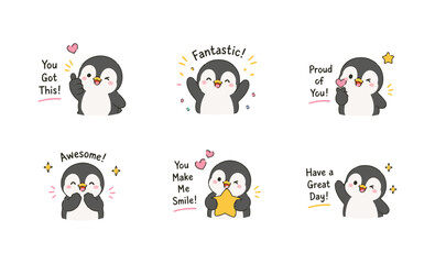 Obraz premium Cute Penguin Motivation Sticker Set with Encouraging Quotes and Positive Expressions. Kawaii Penguin Character Collection for Support Celebration and Daily Positivity