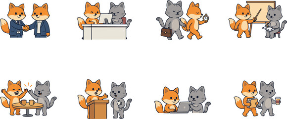 Fototapeta premium Cute Cartoon Fox and Cat Business Character Vector Set with Poses for Handshaking, Boardroom Presentation, Working on Laptop, and Office Teamwork Collaboration