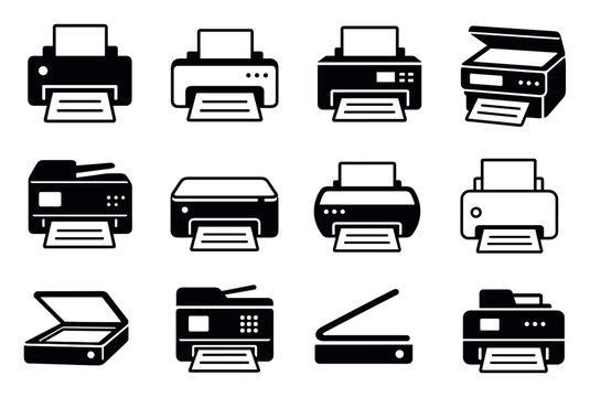 Printer and scanner vector icon set representing office printing equipment, document copying machines, and digital scanning devices for business workflow