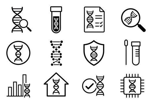 DNA and genetic testing line icon set representing biotechnology research, laboratory analysis, medical diagnostics, genome sequencing, and hereditary science
