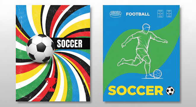 Set of soccer event posters with balls and player silhouettes football silhouette tournament competition template championship training branding creative