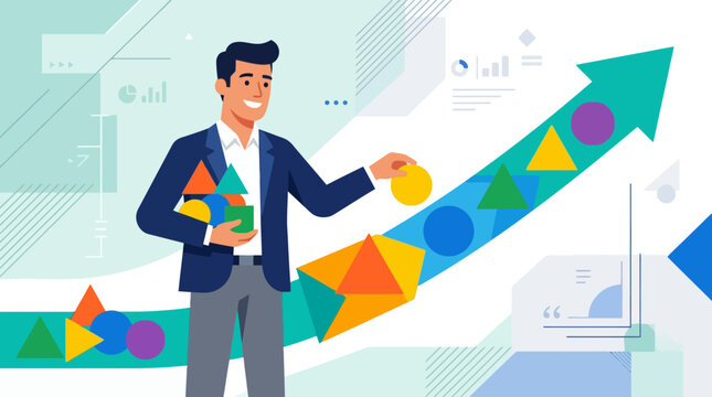 Businessman holds colorful shapes, representing strategy and solutions, with abstract data elements in a flat vector design.