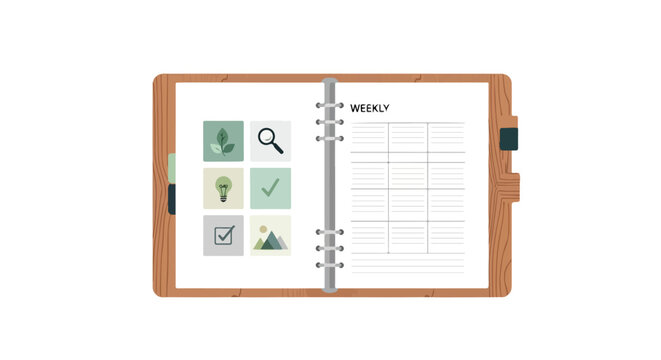 A stylish wooden-textured ring binder open to a weekly planner page with various creative and organizational icons on the left side.