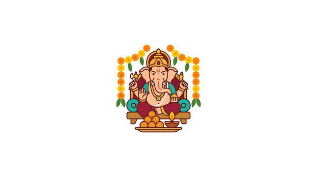 Ganesha seated on throne with offerings, festive floral garland, Indian deity illustration
