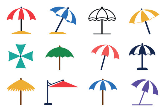 Beach umbrella vector icons set for summer vacation designs featuring various colorful parasol styles, sunshade graphics, and patio canopy illustrations