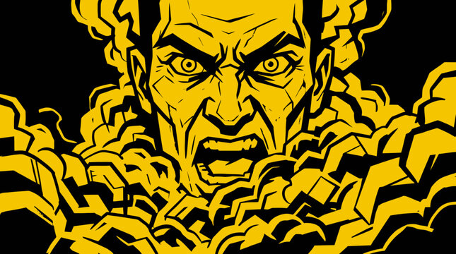 Intense yellow and black graphic illustration of a bearded man's face.