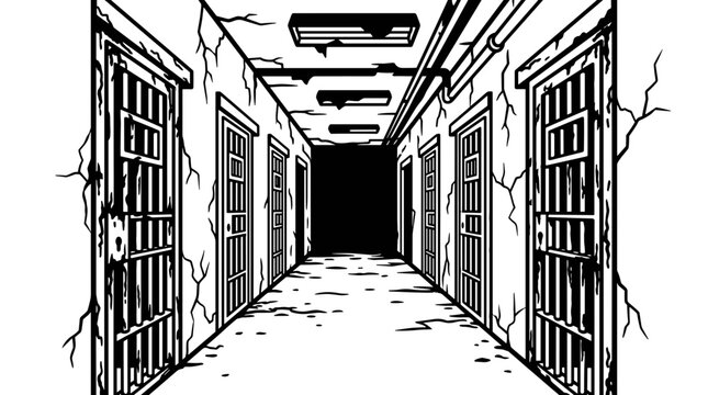 Abandoned asylum hallway with doors.