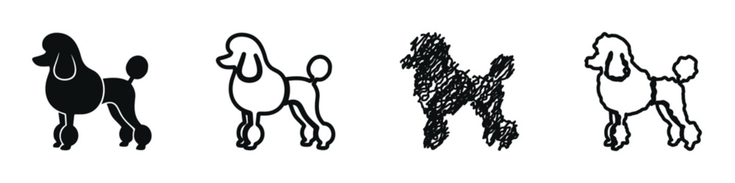 Collection of poodle dog icons in various artistic styles and outlines