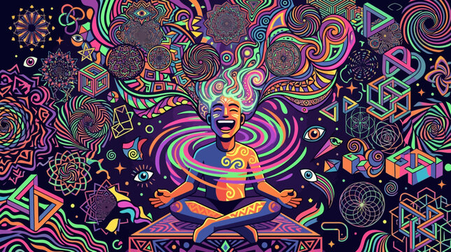 Psychedelic meditation illustration with mandalas and geometric eyes