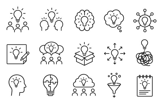 Creative idea and brainstorming line icon set representing innovation, problem solving, teamwork, intelligence, and strategic thinking for business development