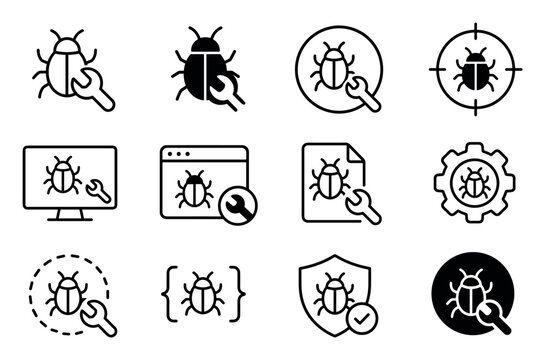 Software bug fixing and debugging icon set representing computer programming error correction, system maintenance, cybersecurity protection, and application testing processes