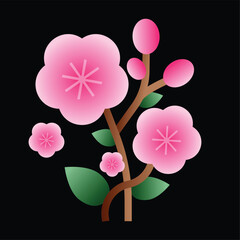 Obraz premium Stylized Pink Cherry Blossom Branch with Buds and Leaves