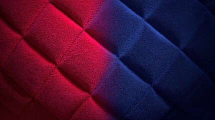 Naklejka premium Quilted plush textile surface displays contrasting deep red and dark blue illumination across diagonal stitching