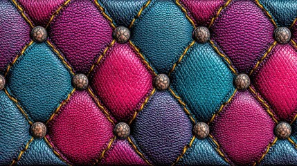 Naklejka premium Vibrant, multicolored, quilted leather upholstery features detailed stitching and ornamental fasteners.