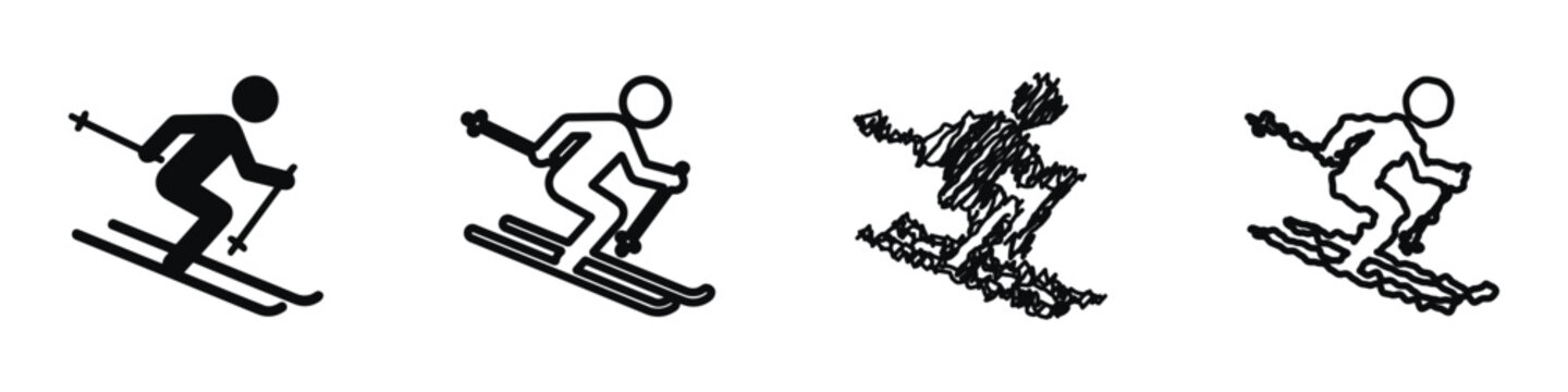 Set of four stylized skiing icons representing different artistic styles