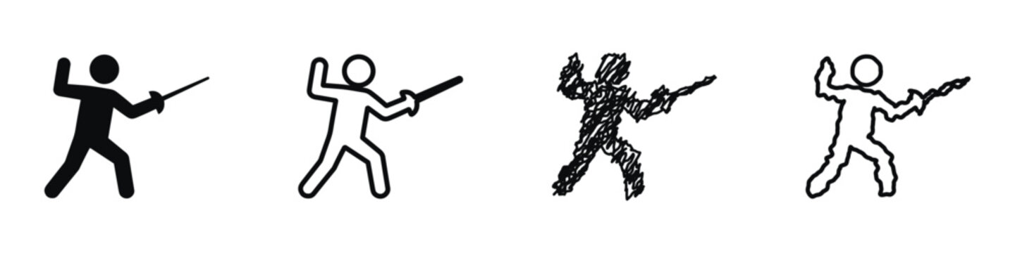 Fencer in action pose, stylized silhouette and sketch variations