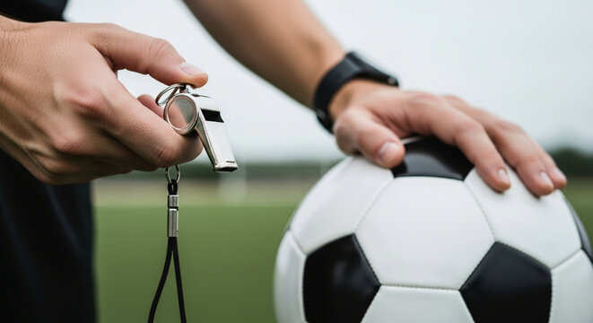 Referee holding a metal whistle and soccer ball on a green field