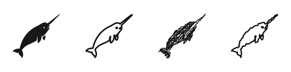 Collection of four stylized narwhal illustrations in black and white © 7Author