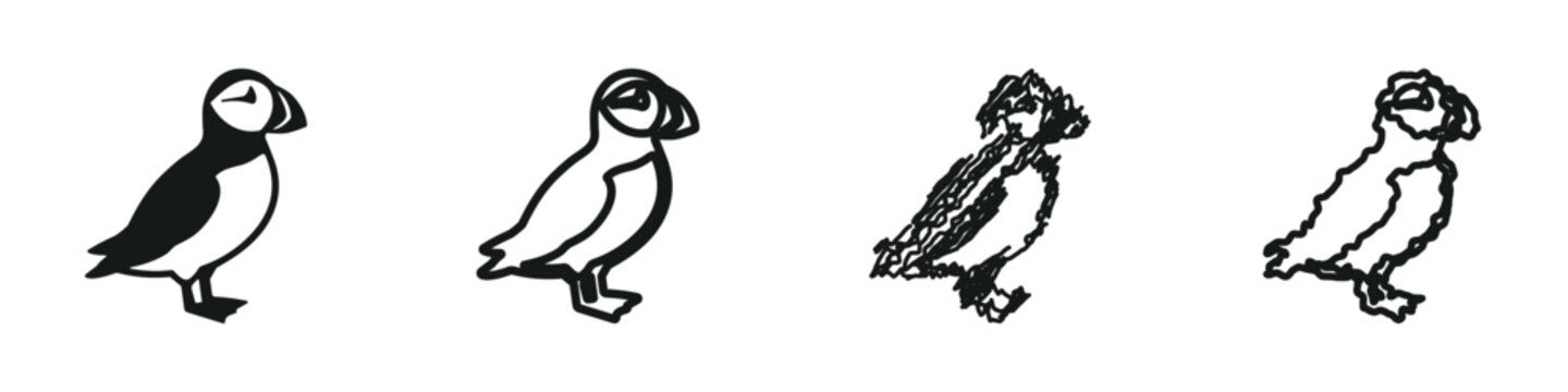 Collection of four puffin illustrations in different artistic styles