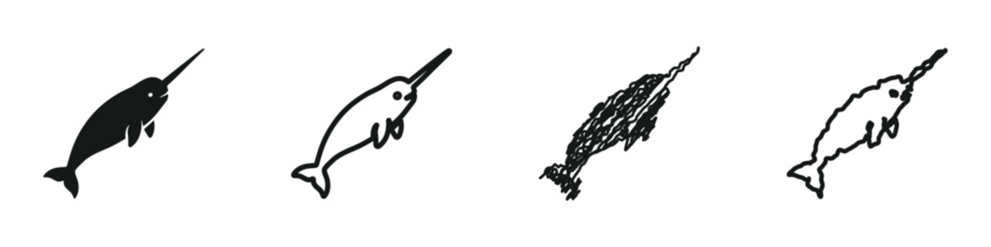 Collection of four stylized narwhal illustrations in black and white