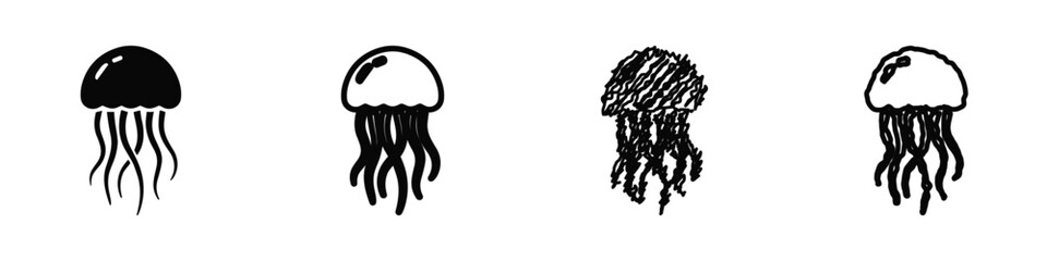 Collection of four distinct jellyfish illustrations in black and white © 7Author
