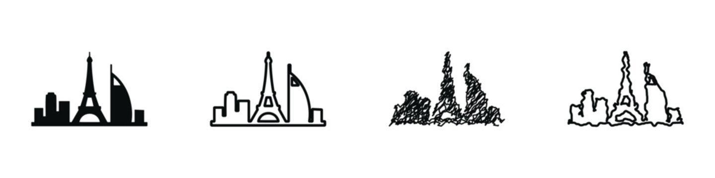 Iconic city skylines featuring famous landmarks in various artistic styles