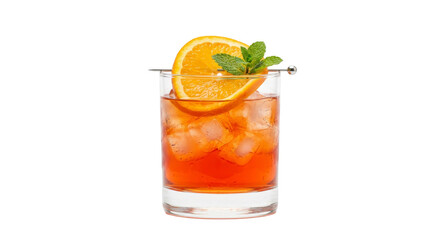 Fototapeta premium Refreshing orange cocktail with mint and ice in a clear glass