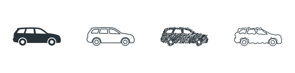 Collection of four different wagon car icons in various artistic styles © 7Author