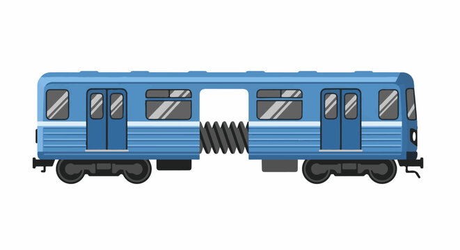 A blue train with an accordion connector between its carriages