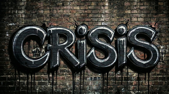 Graffiti artwork featuring the word "CRISIS" in bold black and white letters with drips on a textured brick wall, for social and political commentary visuals, urban culture and street art content