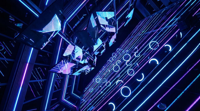 Abstract digital art featuring geometric shapes and neon lights in blue and purple hues, creating a futuristic atmosphere with reflective surfaces and dynamic patterns, background for digital use